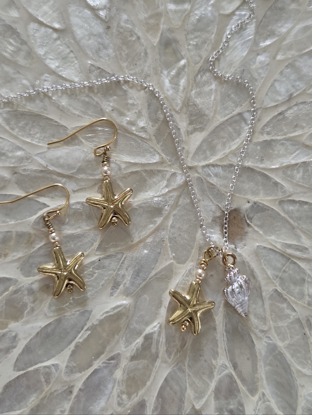 New Gold Starfish & Swarovski Pearl Set.